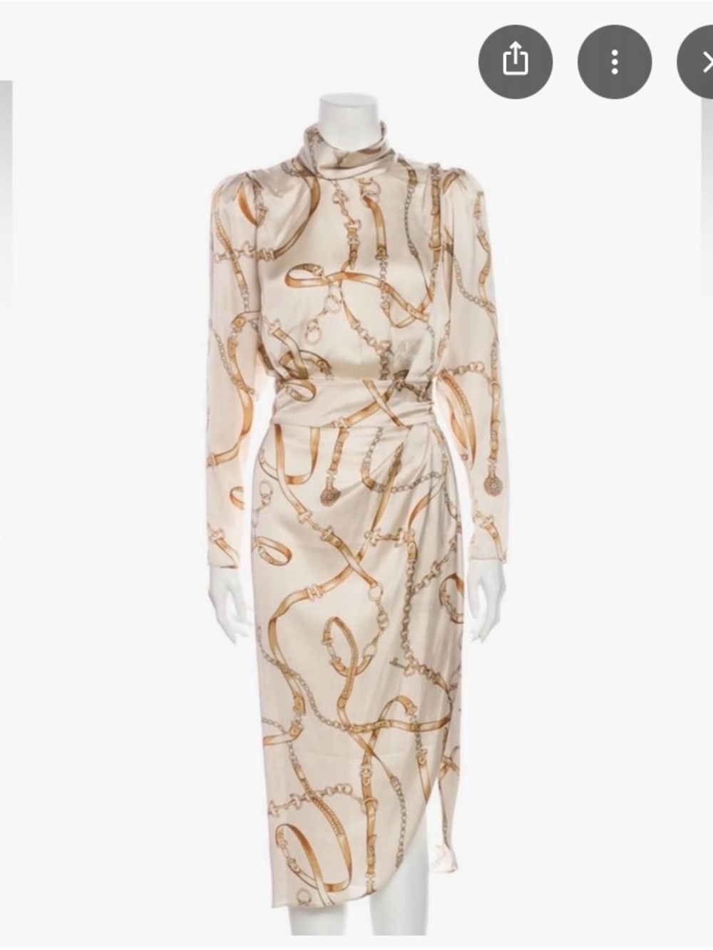 Long Sleeve Chain Print Satin Dress - Cream/Gold - Picture 7 of 9